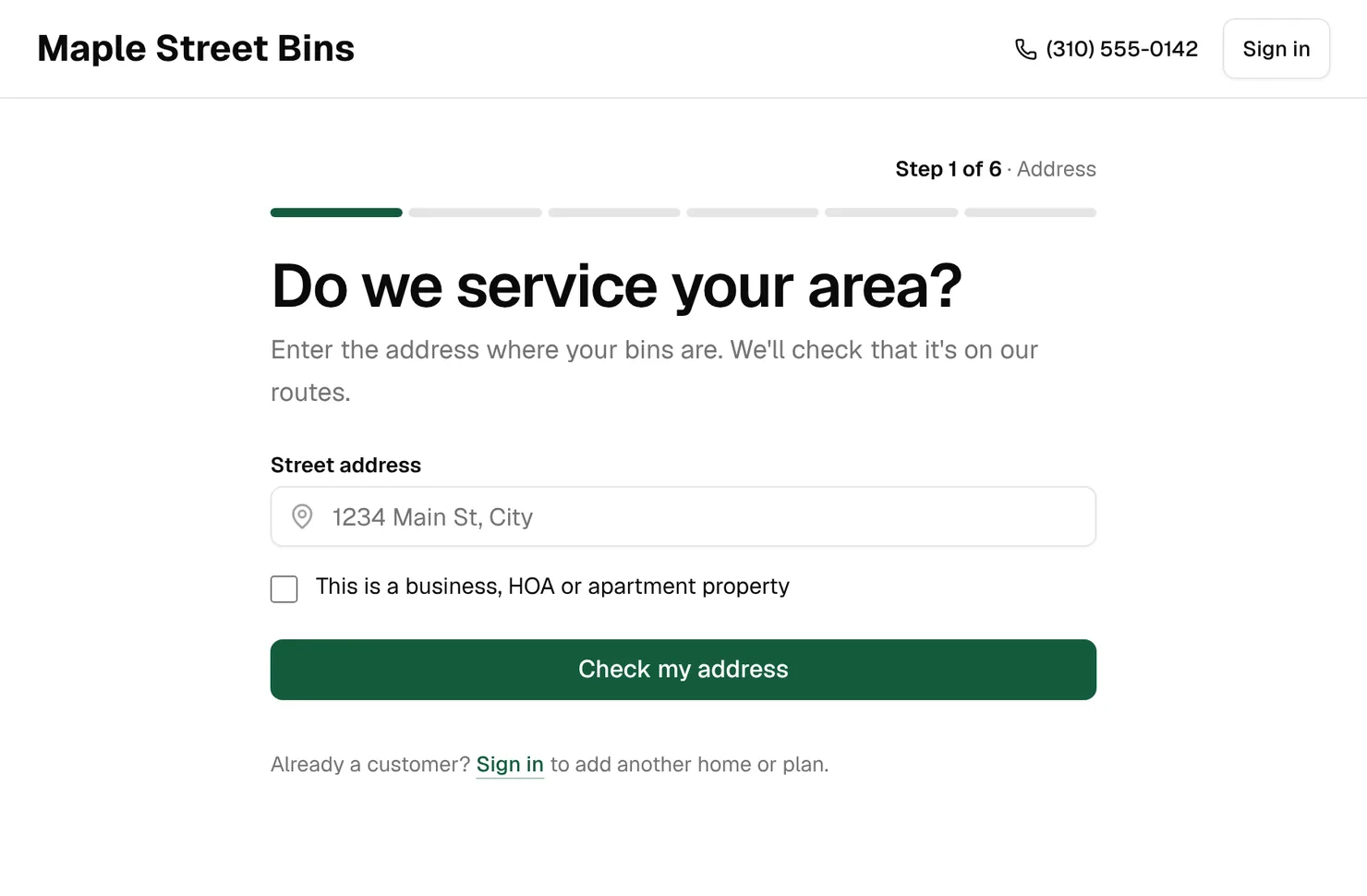 The default sign-up page of the sample business Maple Street Bins: its name in plain black type, a green progress bar and a green Check my address button