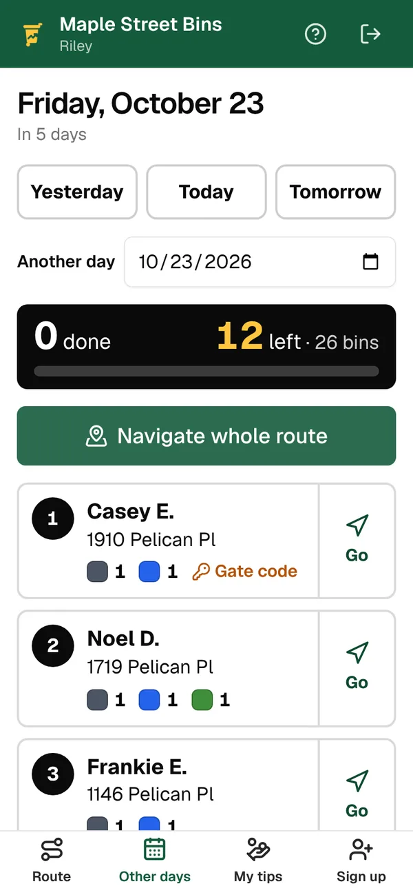 Riley’s route for Friday, October 23, opened from Other days: 12 stops left, 26 bins and a Navigate whole route button