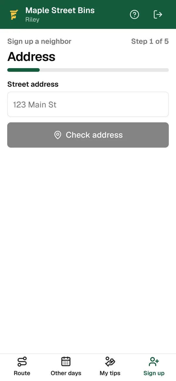 Step 1 of 5 of signing up a neighbor in the driver app: a street address box and a Check address button