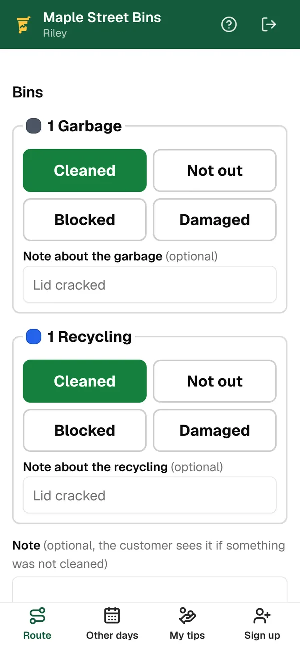 The bottom of a stop: Cleaned, Not out, Blocked and Damaged for a garbage and a recycling bin, with a note box for each