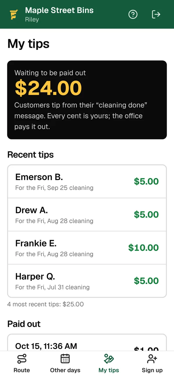 The My tips tab with $24.00 waiting to be paid out, four recent tips and a payout on October 15