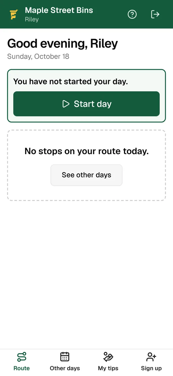 The driver app’s Route tab for Riley on a Sunday, with a Start day button and no stops on the route