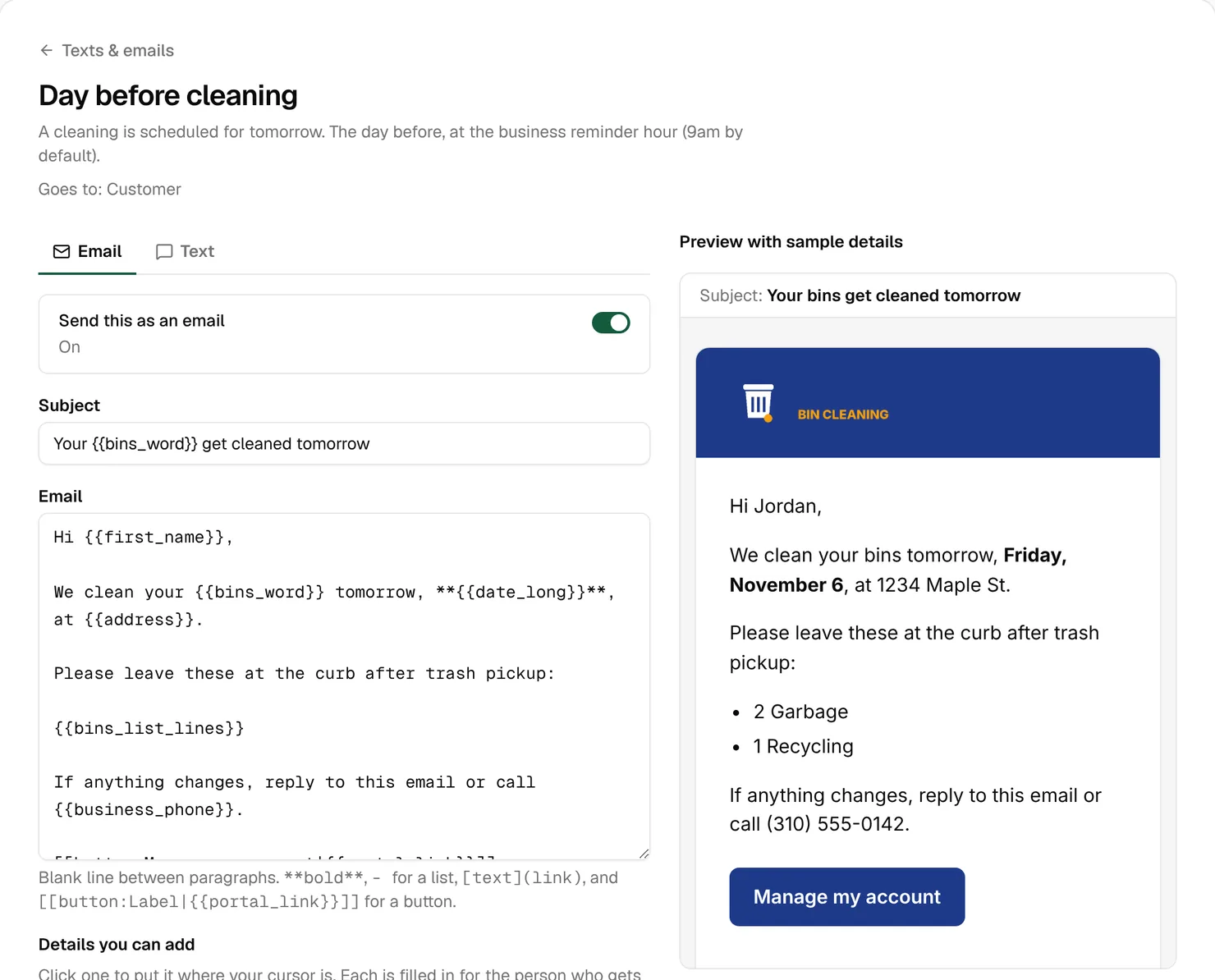 An email preview with a navy header where the dark logo text has disappeared, leaving only a white bin and the words BIN CLEANING