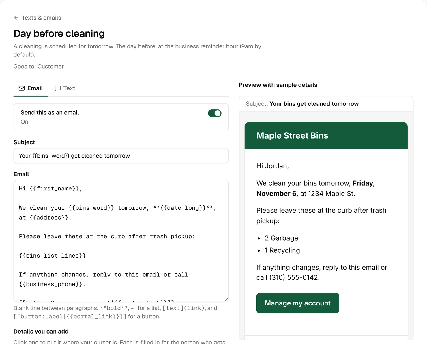 Editing the Day before cleaning email, with the subject and wording on the left and the customer’s view on the right