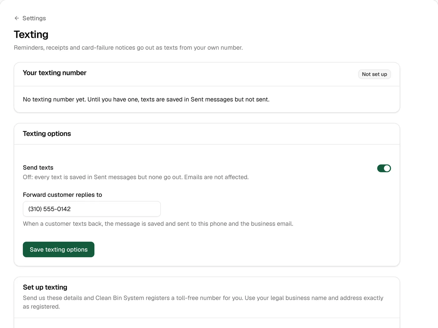 The Texting settings page with the texting number not set up yet and the texting options below