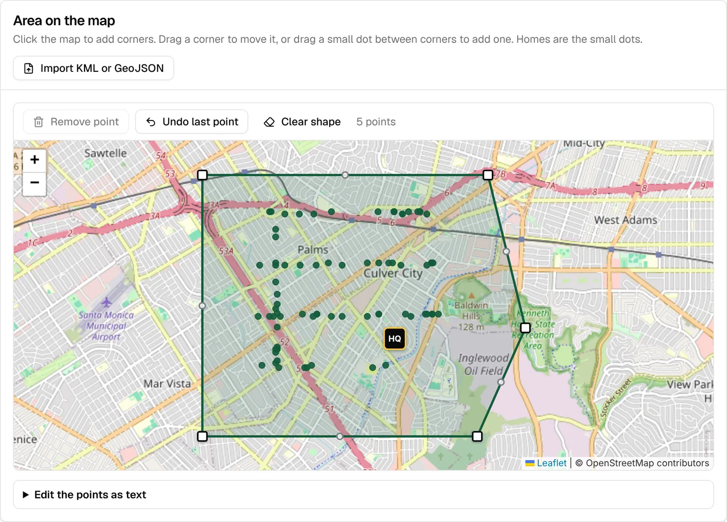 Drawing a five-point zone around Palms and Culver City, with Import KML or GeoJSON, Remove point, Undo last point and Clear shape