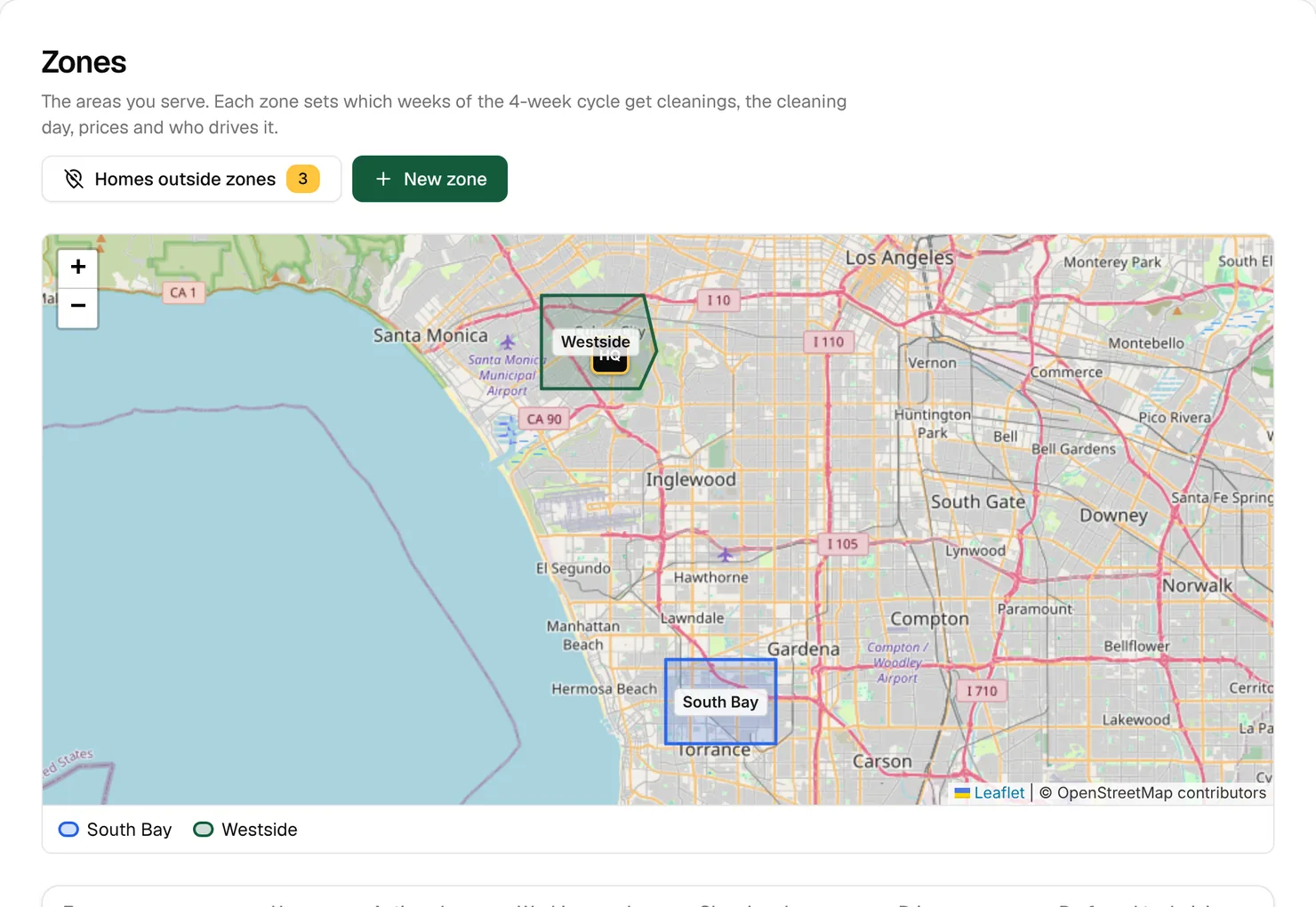 The Zones page with the Westside and South Bay zones drawn on a map of Los Angeles, a Homes outside zones button showing 3, and New zone