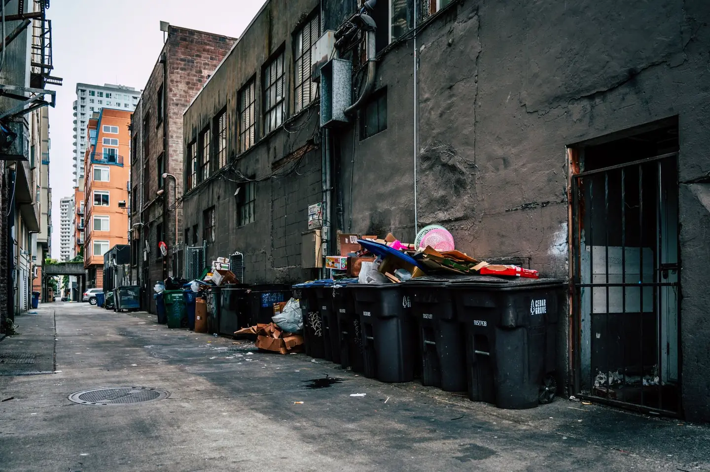 A row of black wheeled carts overflowing with cardboard and bags in a city alley